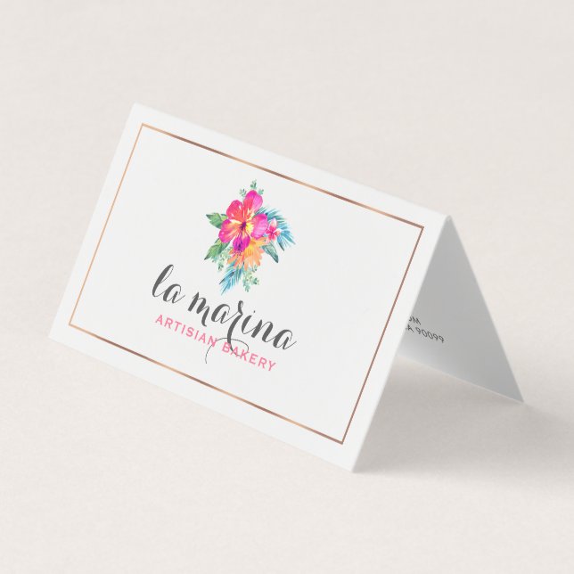 Watercolors Tropical Flowers Bouquet Business Card (Front)