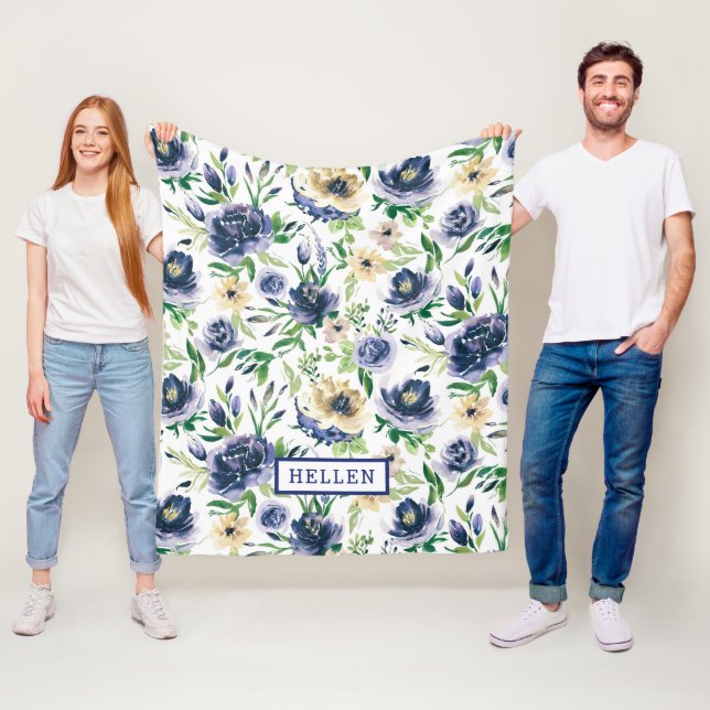 Watercolors violet-blue & yellow flowers pattern fleece blanket (In Situ)