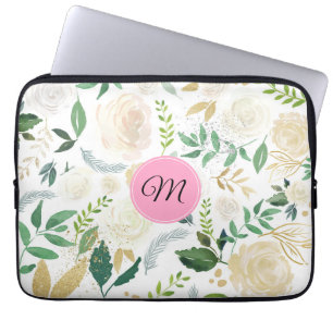 Watercolors White & Beige Roses Pattern Laptop Sleeve