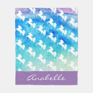 Watercolors White Unicorns Pattern Personalised Fleece Blanket