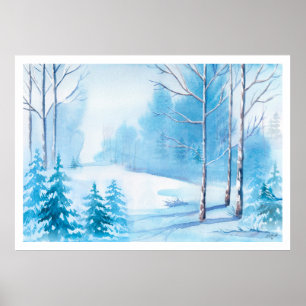 Watercolors Winter Scene Nature Landscape Poster
