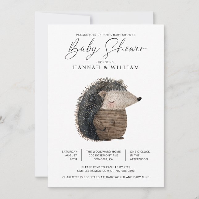 WatercolorWoodland Animal Hedgehog Baby Shower Invitation (Front)