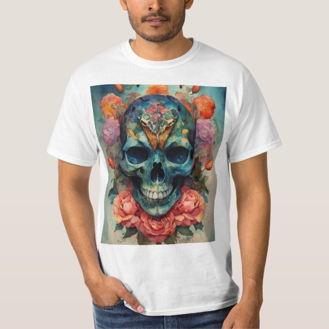 Watercolour Art with Skulls, Moth and Bold Hues  T-Shirt (Front)
