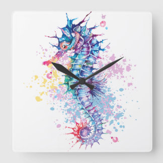 Watercolour artwork of colourful Seahorse Square Wall Clock