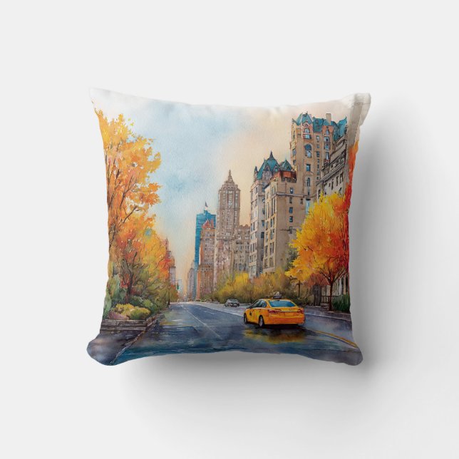 Watercolour Autumn in New York Cushion (Front)
