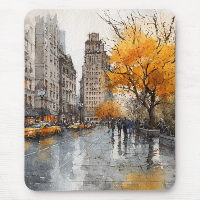 Watercolour Autumn in New York Mouse Mat (Front)