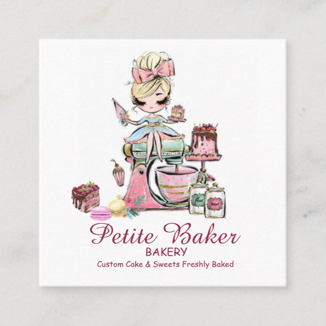 Watercolour Bakery Mixer Pastry Sweets cakes  Squa Square Business Card (Front)