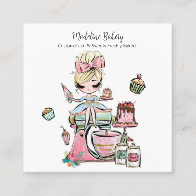 Watercolour Bakery Mixer Pastry Sweets Cakes     Square Business Card (Front)