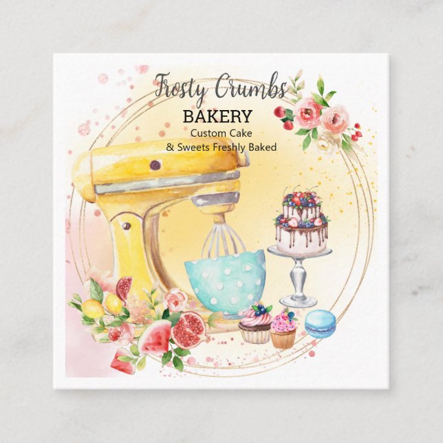 Watercolour Bakery Pastry Sweets Cupcakes    Squar Square Business Card (Front)