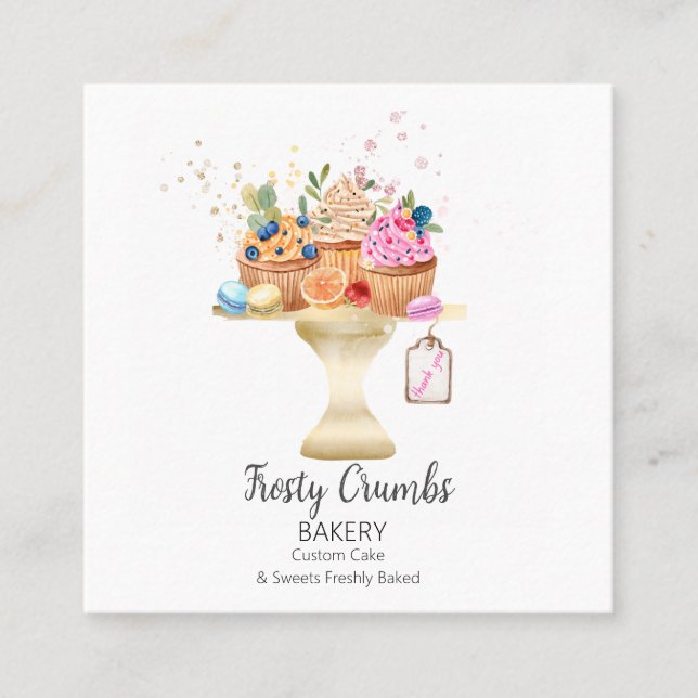 Watercolour Bakery Pastry Sweets Cupcakes    Square Business Card (Front)
