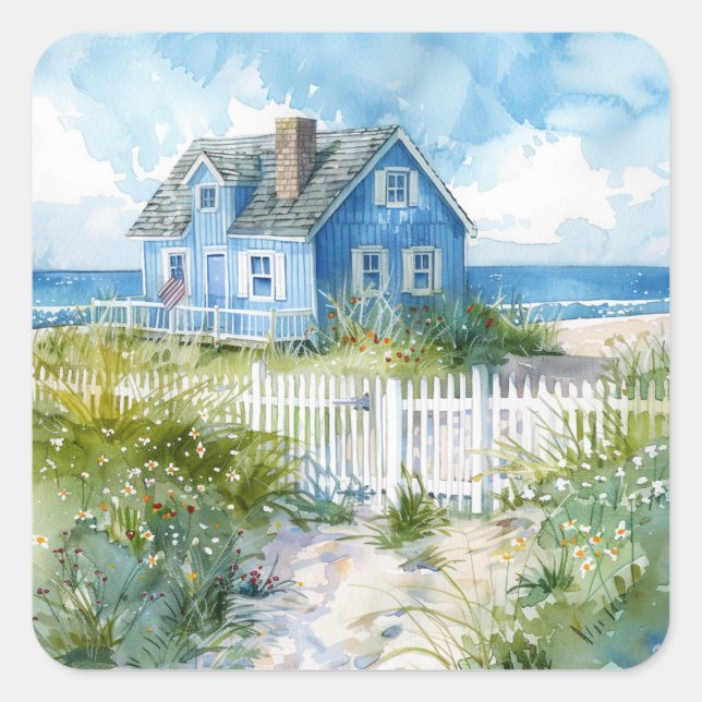 Watercolour Beach Cottage Square Sticker (Front)