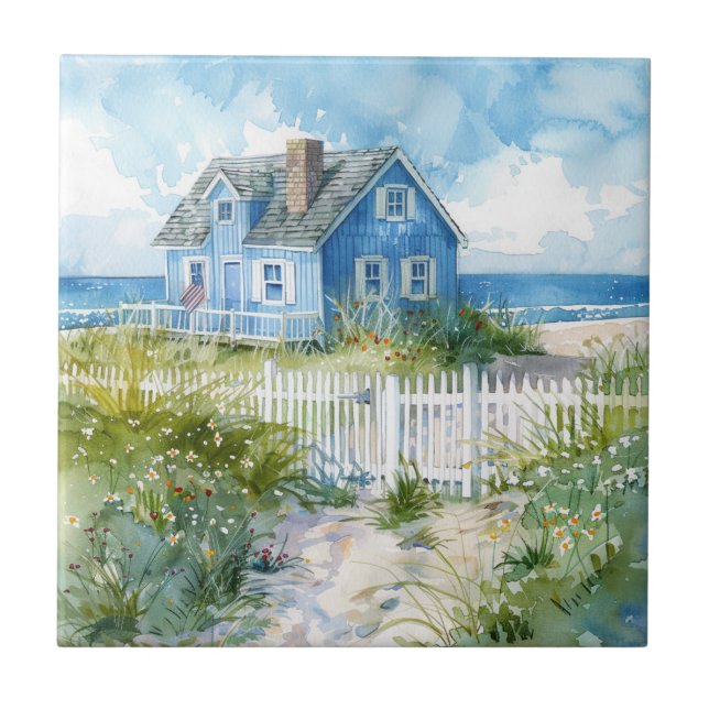 Watercolour Beach Cottage Tile (Front)