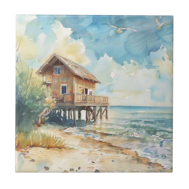 Watercolour Beach Cottage Tile (Front)