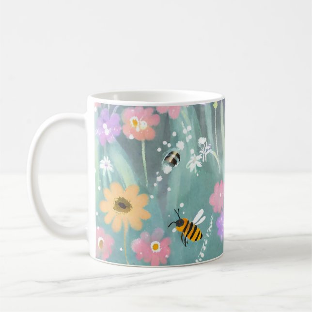 Watercolour  Bees Flying Over Flowers Garden Coffee Mug (Left)