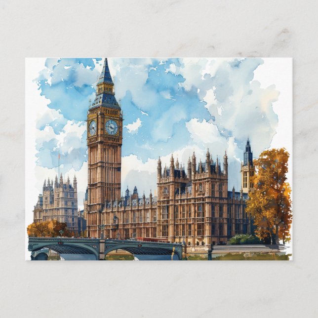 Watercolour Big Ben Westminster Palace London Postcard (Front)