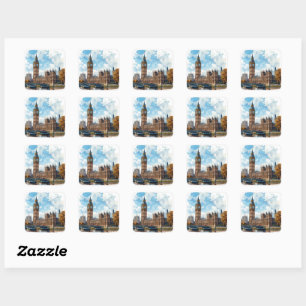 Watercolour Big Ben Westminster Palace London Square Sticker