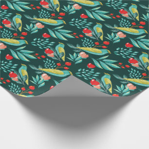 Watercolour Birds, Cranberry & Greenery Christmas Wrapping Paper