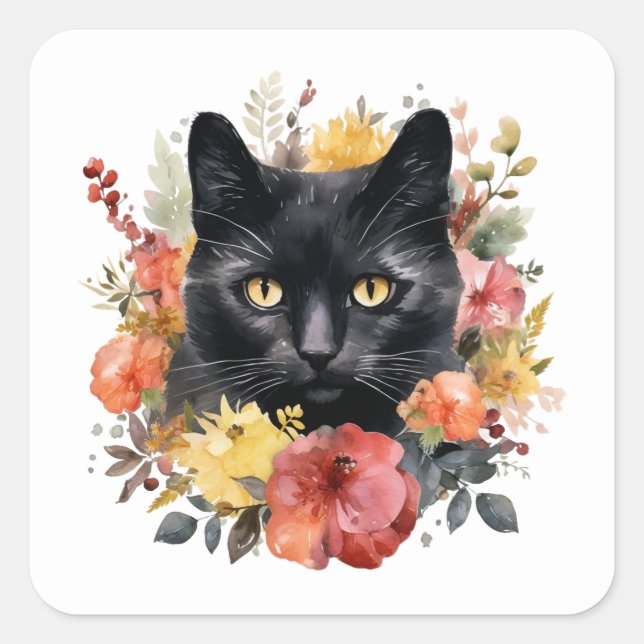 Watercolour Black Cat Square Sticker (Front)