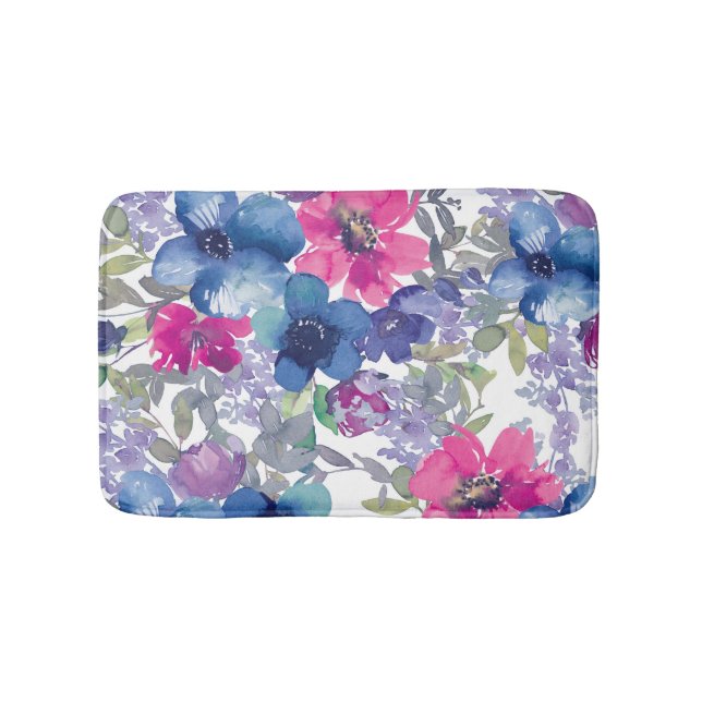 Watercolour Blue and Pink Floral Bath Mat (Front)