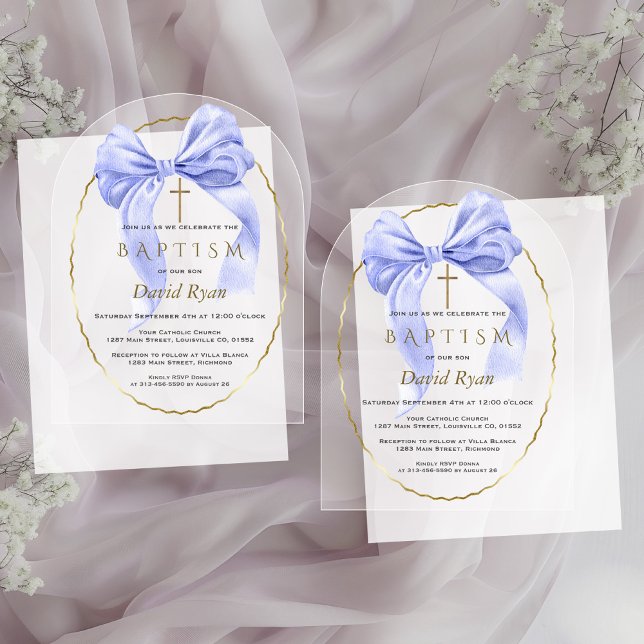 Watercolour Blue Bow Boy Baptism Transparent  Acrylic Invitations (Creator Uploaded)