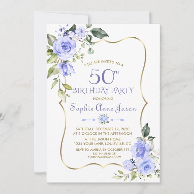 Watercolour Blue Floral Gold Frame 50th Birthday Invitation (Front)