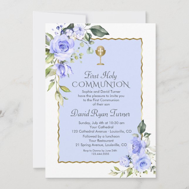 Watercolour Blue Flowers First Holy Communion Invitation (Front)