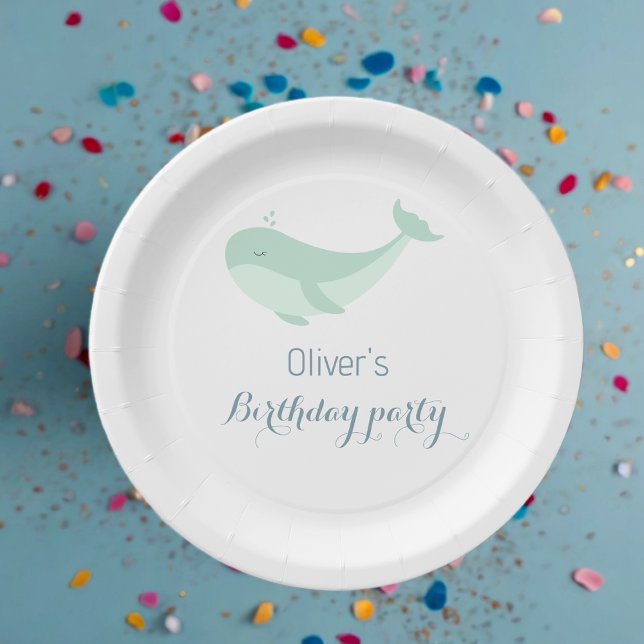 Watercolour Blue Green Whale Birthday Party  Paper Plate (Creator Uploaded)