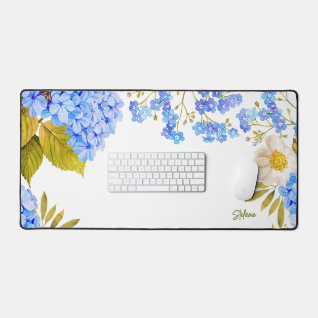 Watercolour Blue Hydrangeas Floral Personalised Desk Mat (Keyboard & Mouse)