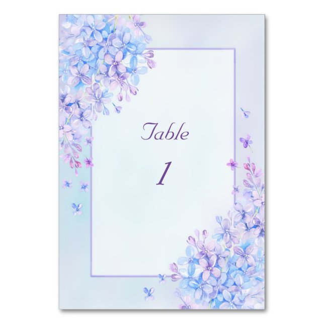 Watercolour Blue Purple Lilac Flower Table Number (Front)
