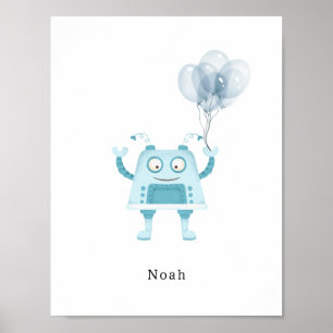 Watercolour Blue Robot With Balloons Name Poster