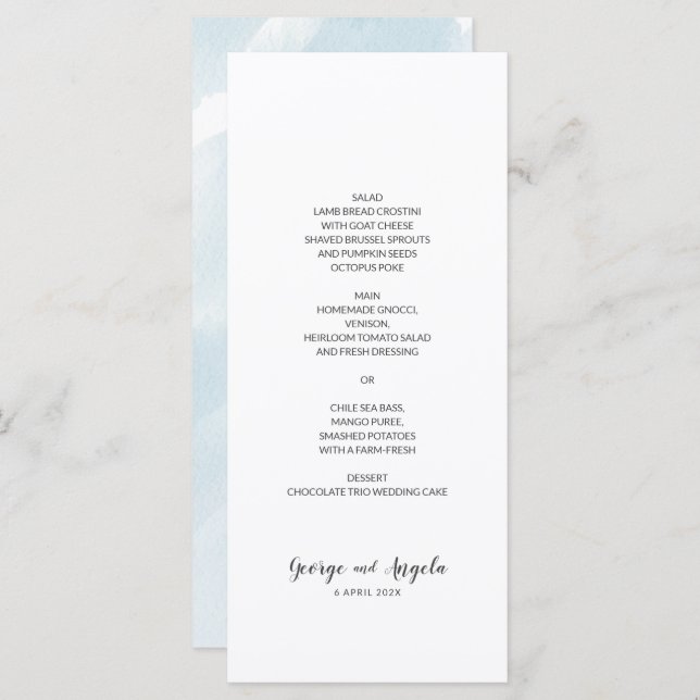Watercolour Blue Simple Party Menu (Front/Back)