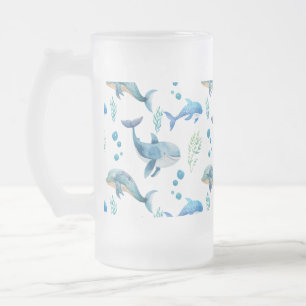 Watercolour Blue Whale Seamless Pattern  Frosted Glass Beer Mug