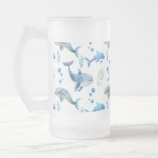 Watercolour Blue Whale Seamless Pattern  Frosted Glass Beer Mug (Left)