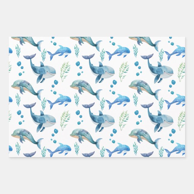 Watercolour Blue Whale Seamless Pattern  Wrapping Paper Sheet (Front)