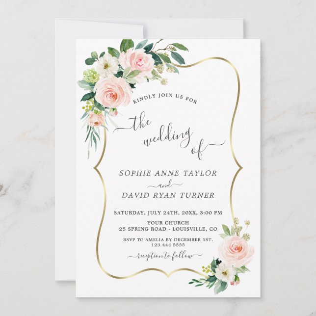 Watercolour Blush Flowers Gold Calligraphy Wedding Invitation (Front)