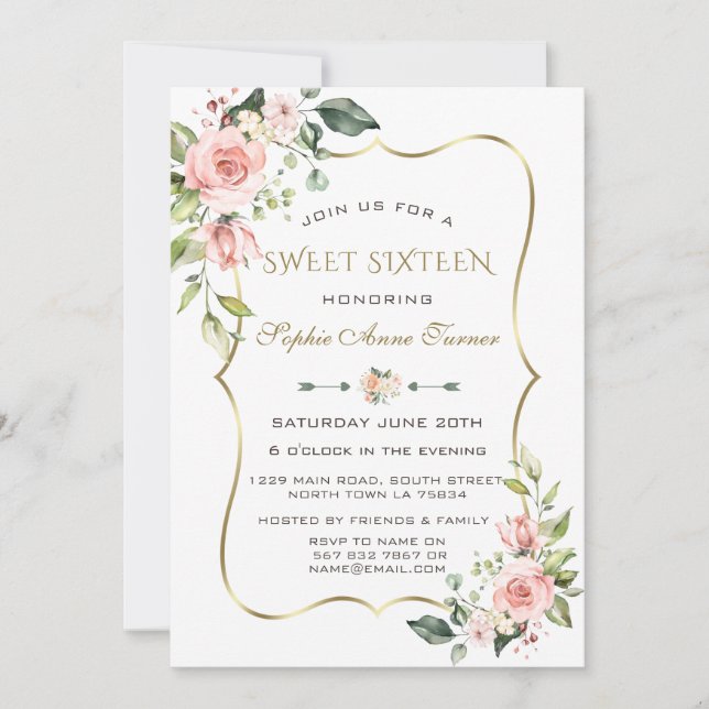 Watercolour Blush Flowers Gold Frame Sweet 16 Invitation (Front)