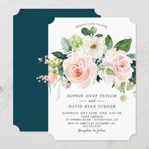 Watercolour Blush Ivory Floral Deep Aqua Wedding Invitation