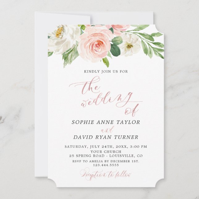 Watercolour Blush Ivory Floral Rose Gold Wedding Invitation (Front)