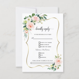Watercolour Blush Ivory Flowers Gold Wedding RSVP Card