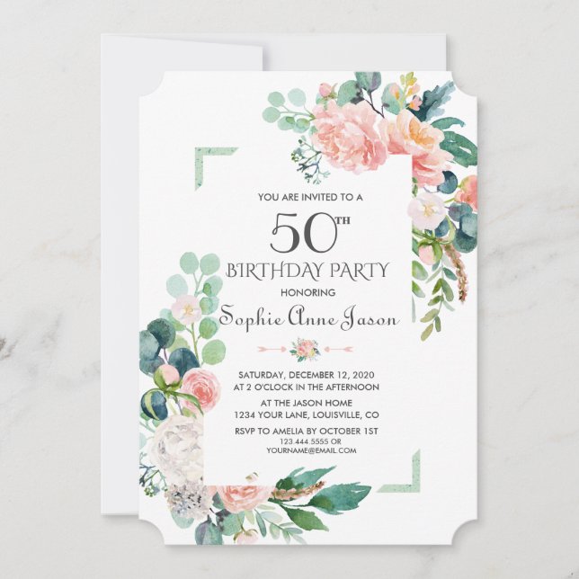 Watercolour Blush Peonies Frame 50th Birthday Invitation (Front)