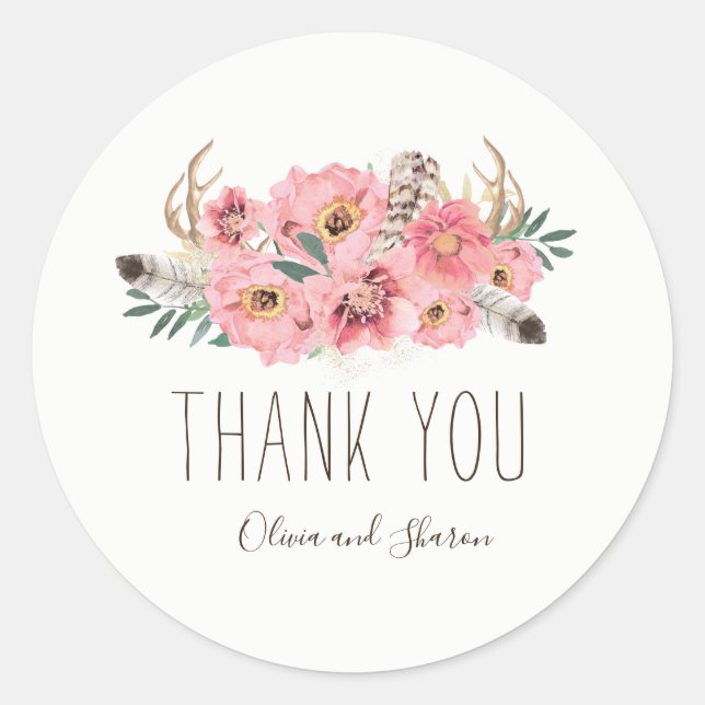 Watercolour Bohemian Wedding Thank You Stickers (Front)