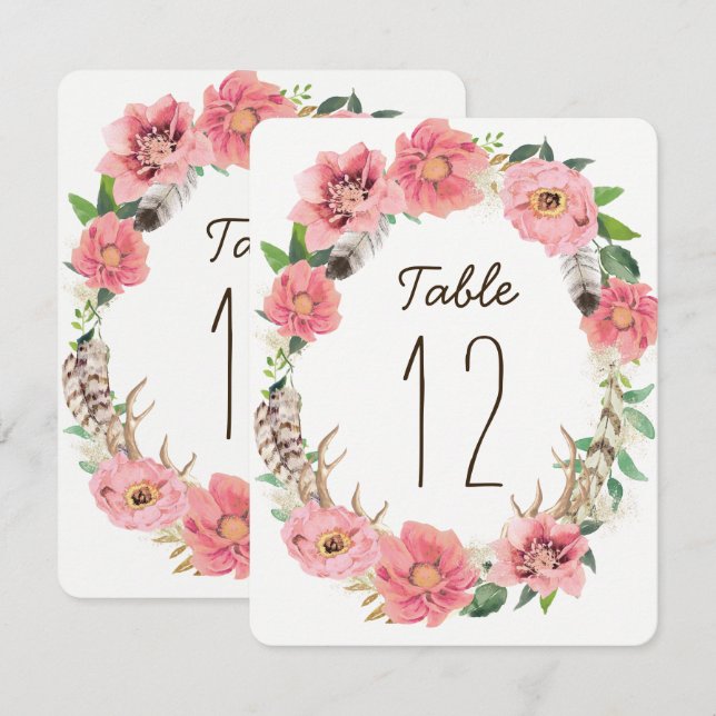 Watercolour Boho Feathers Table Number Cards (Front/Back)