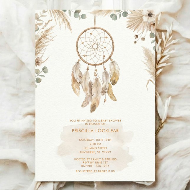 watercolour Boho flower Dreamcatcher Baby Shower Invitation (Creator Uploaded)