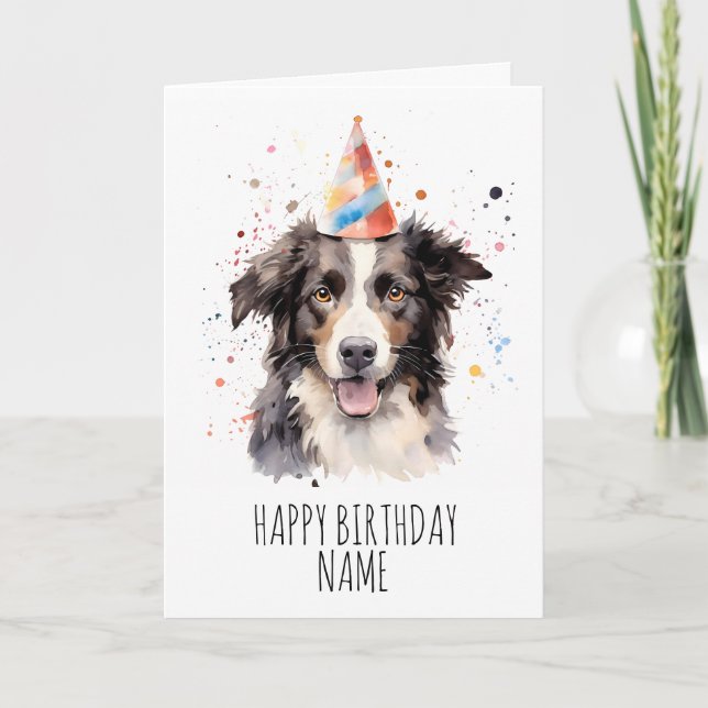 Watercolour Border Collie Birthday Card (Front)