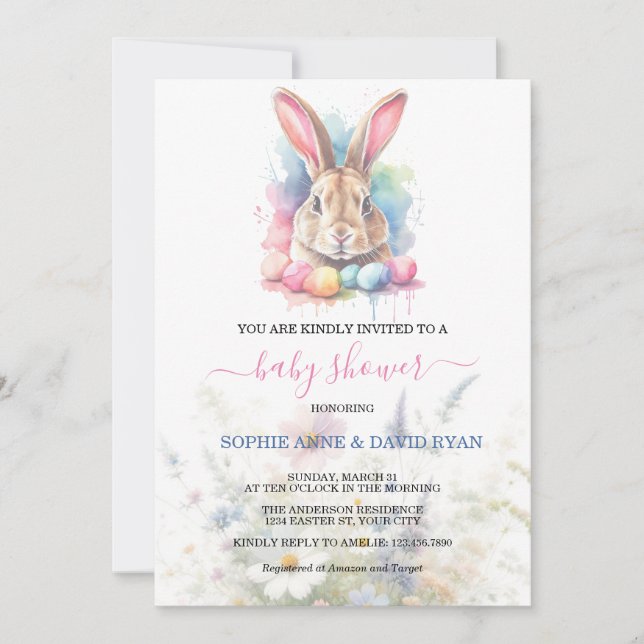 Watercolour Bunny Eggs Wildflowers Baby Shower Invitation (Front)