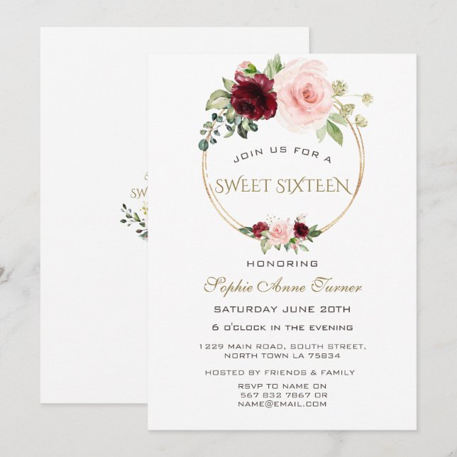 Watercolour Burgundy Blush Floral Gold Sweet 16 Invitation (Front/Back)