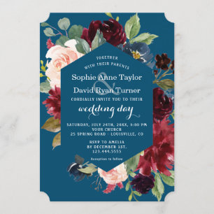 Watercolour Burgundy Pink Blue Floral Wedding Invitation