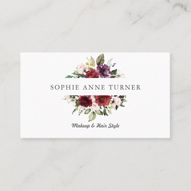 Watercolour Burgundy Pink Plum Floral Frame Business Card (Front)