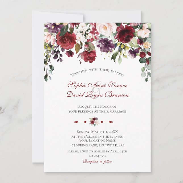 Watercolour Burgundy Plum Blush Flowers Wedding Invitation (Front)
