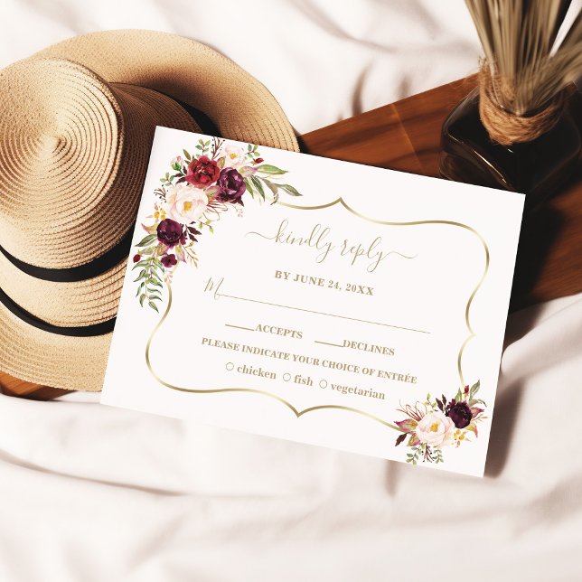 Watercolour Burgundy Red Pink Floral Gold Wedding RSVP Card (Creator Uploaded)